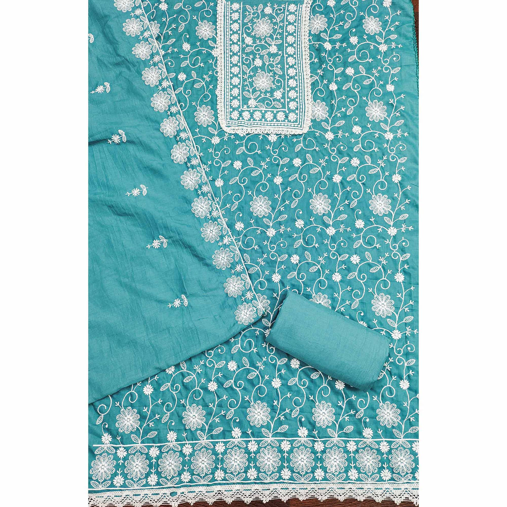 Blue Floral Embroidered Art Silk Dress Material