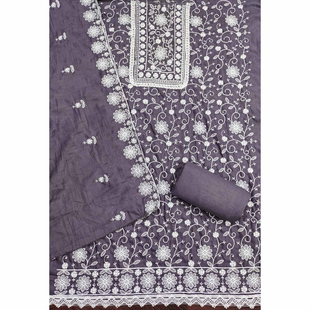 Dark Grey Floral Embroidered Art Silk Dress Material