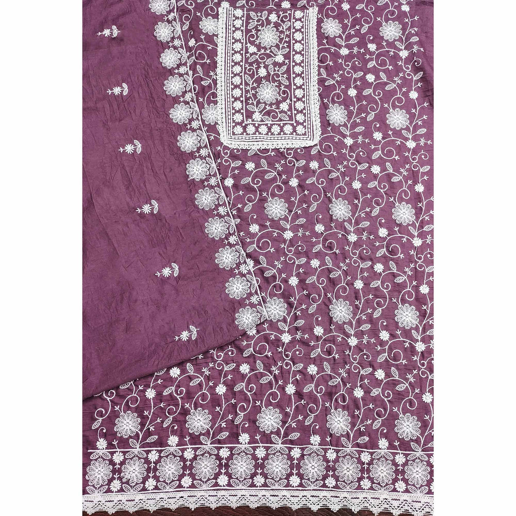 Dark Mauve Floral Embroidered Art Silk Dress Material