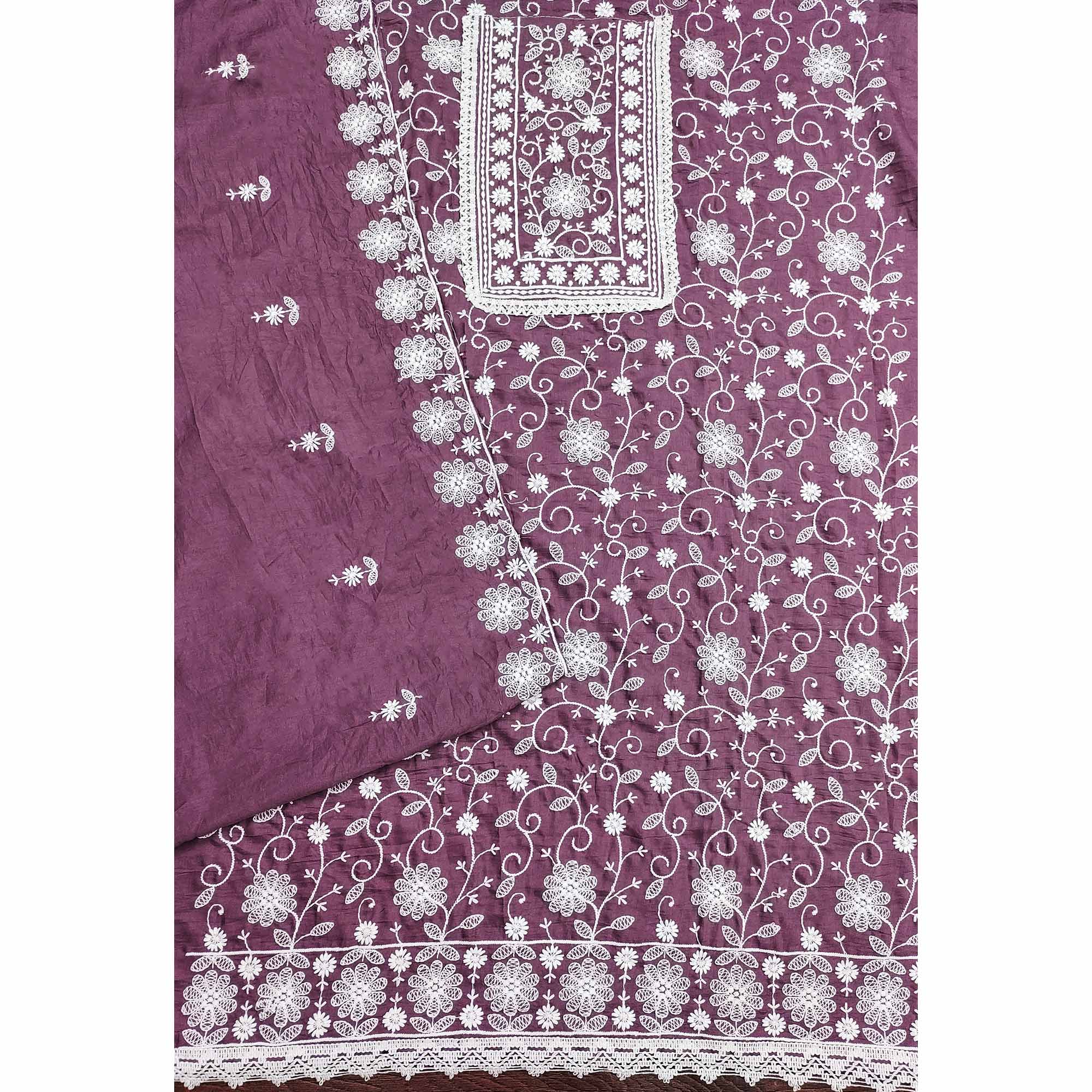 Dark Mauve Floral Embroidered Art Silk Dress Material