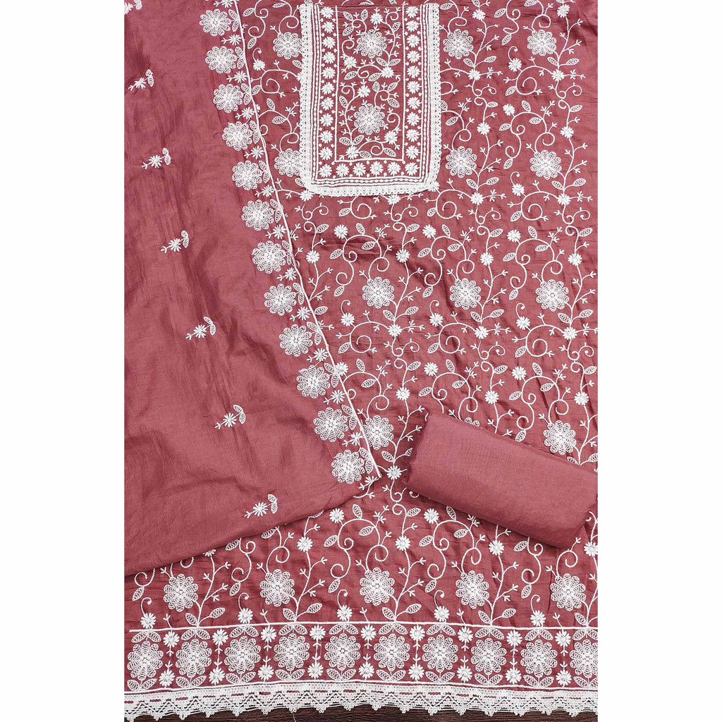 Dusty Rose Pink Floral Embroidered Art Silk Dress Material