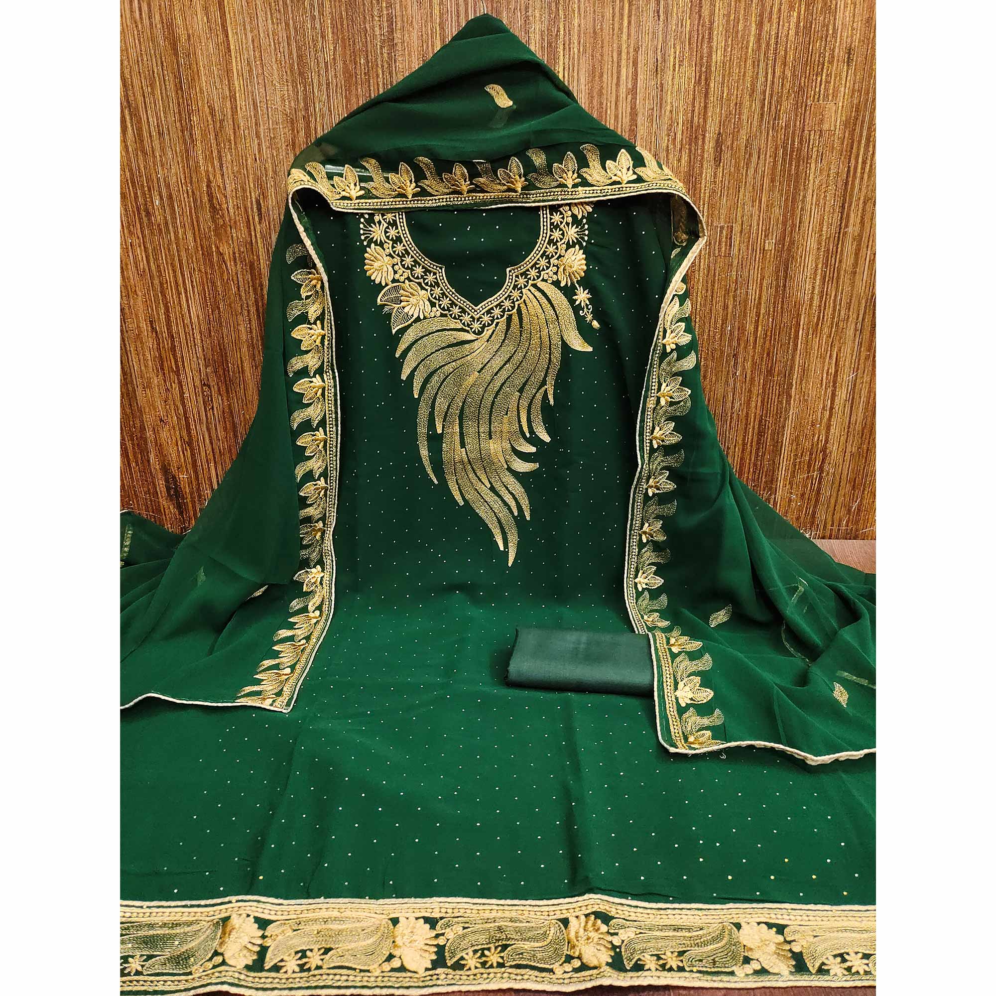 Drape Yourself In Luxury Green Floral Embroidery With Stone Work Georgette Dress Material