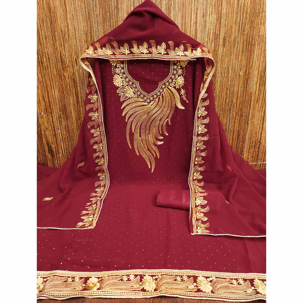 An Ethereal Charm Maroon Floral Embroidery With Stone Work Georgette Dress Material
