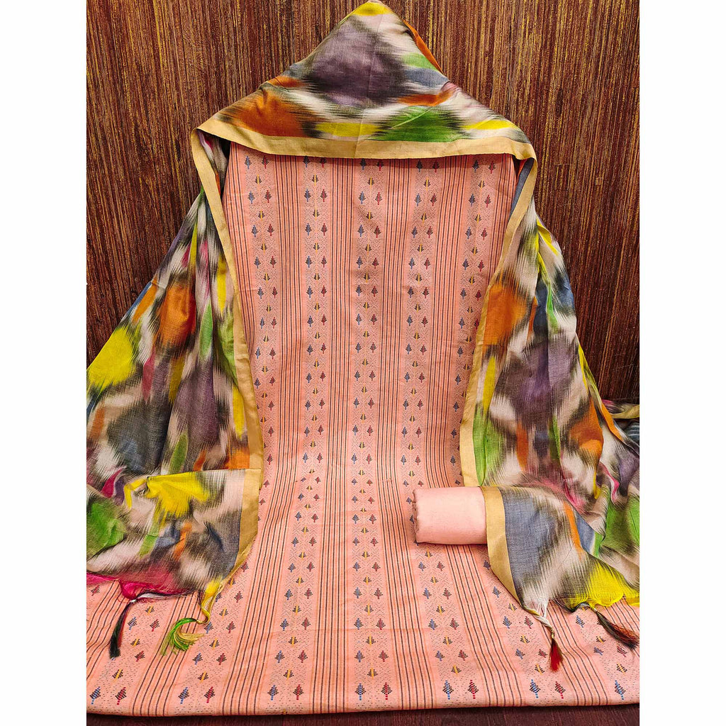 Drape Yourself In Luxury Peach Woven Cotton Blend Dress Material