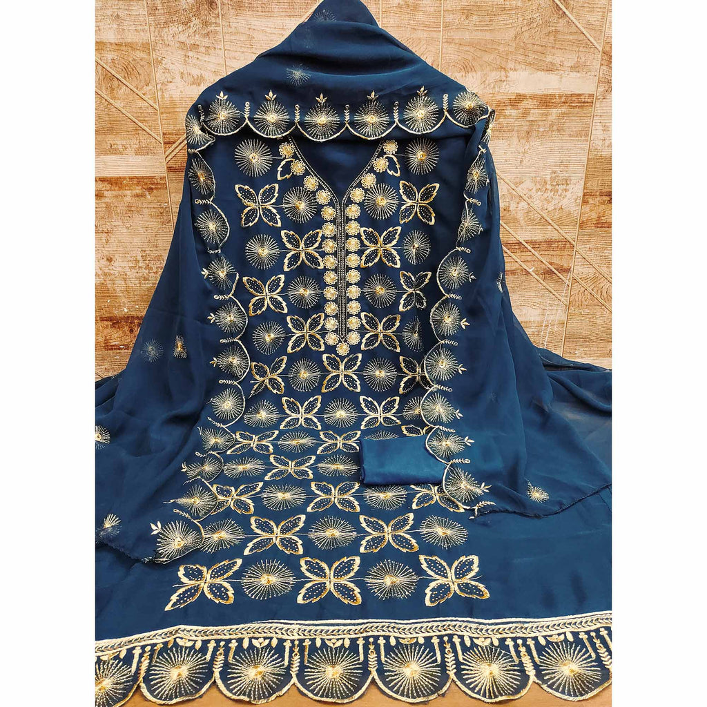 Blue Georgette Dress Material Featuring Delicate Floral Zari Embroidery