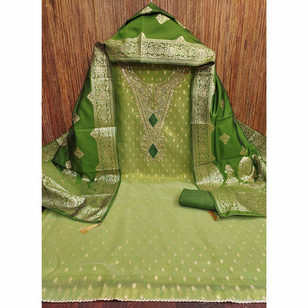 Green Woven Banarasi Silk Dress Material With Intricate Cording & Sequin Embellishments