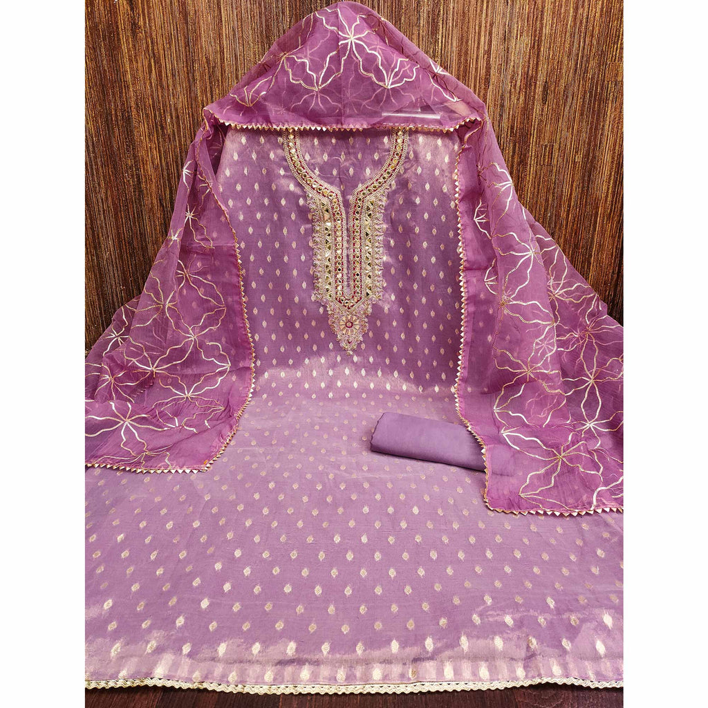 Lavender Woven Shimmer Silk Dress Material Adorned With Sequins & Gota Patti Work