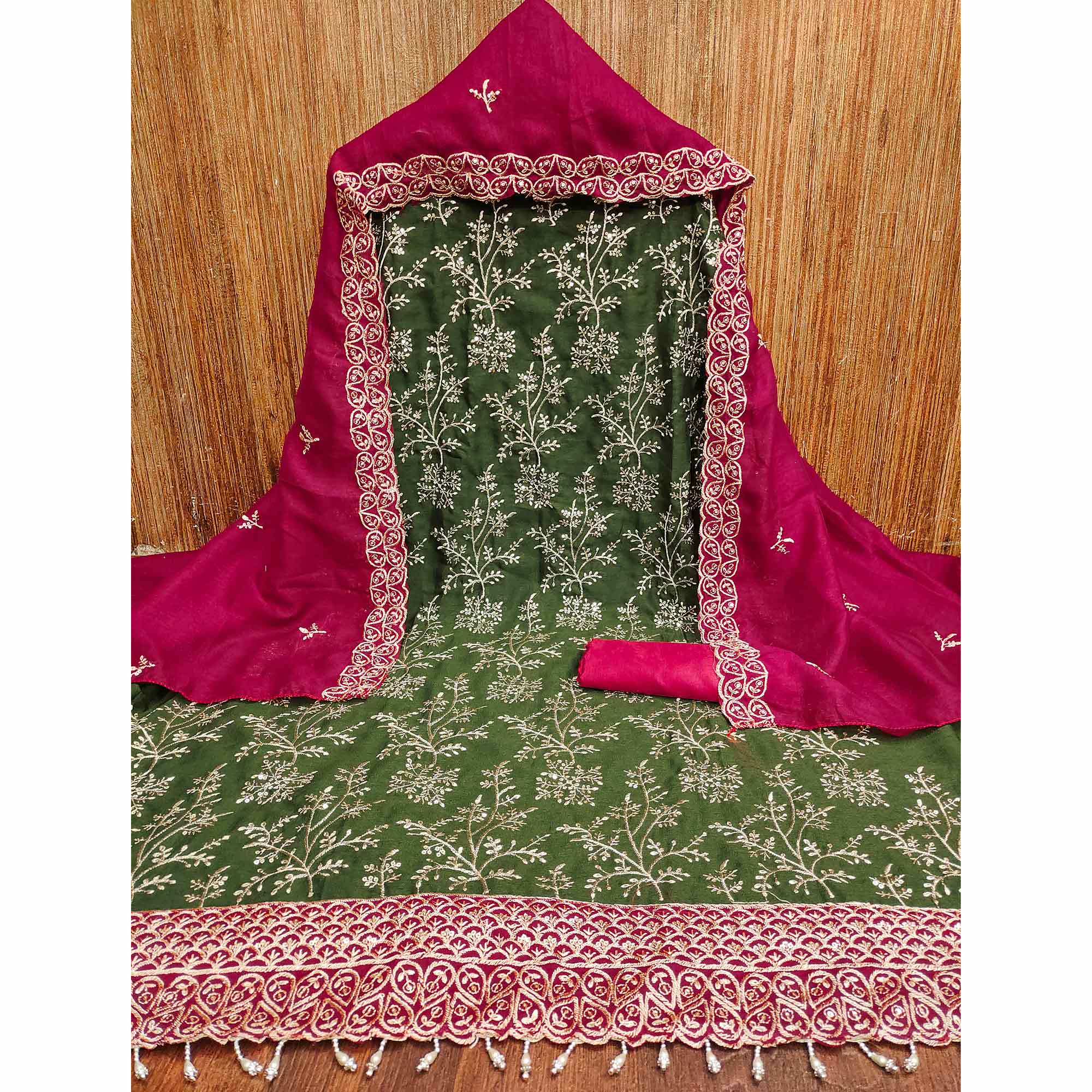 Mehendi Green Vichitra Silk Dress Material With Exquisite Sequins & Zari Embroidery