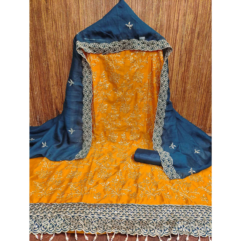 Mustard Vichitra Silk Dress Material With Exquisite Sequins & Zari Embroidery