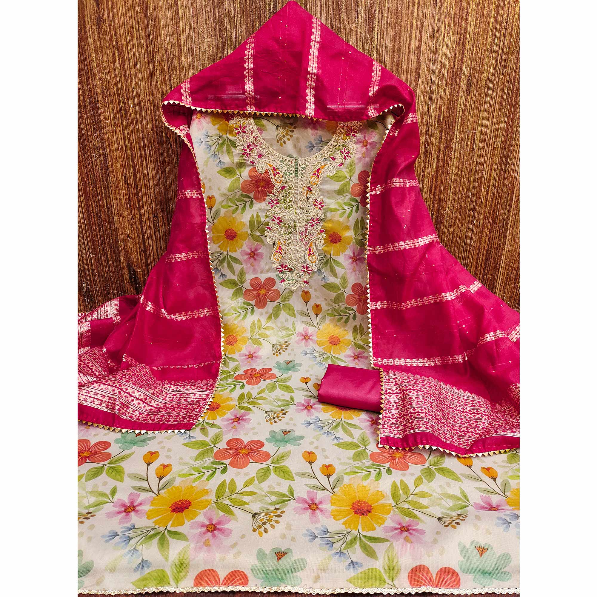 Chikoo Shimmer Silk Dress Material With Floral Digital Print & Sequins Embroidery