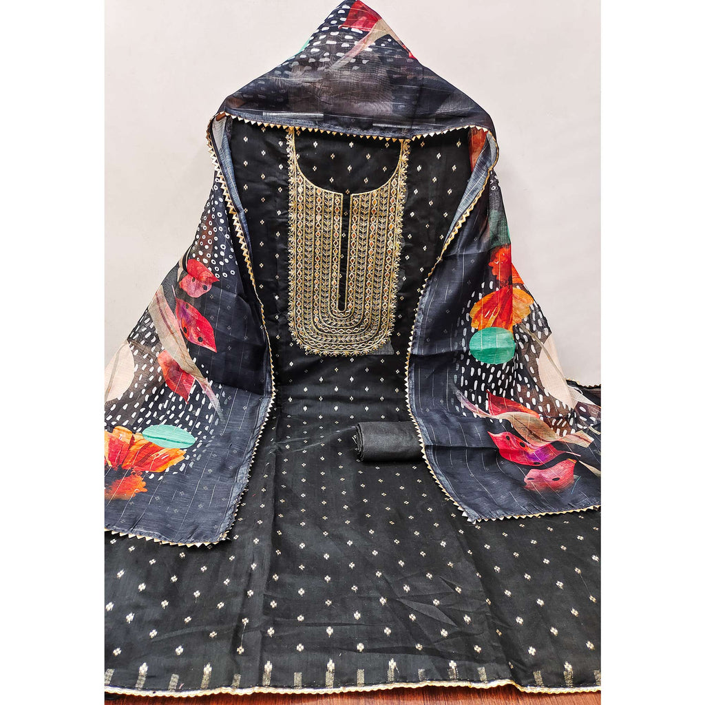 Black Woven With Cording Sequins Embroidered Chanderi Silk Dress Material