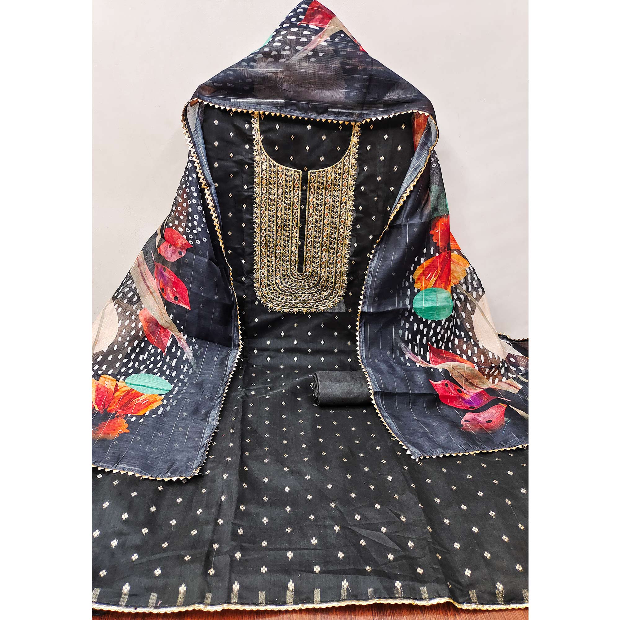 Black Woven With Cording Sequins Embroidered Chanderi Silk Dress Material