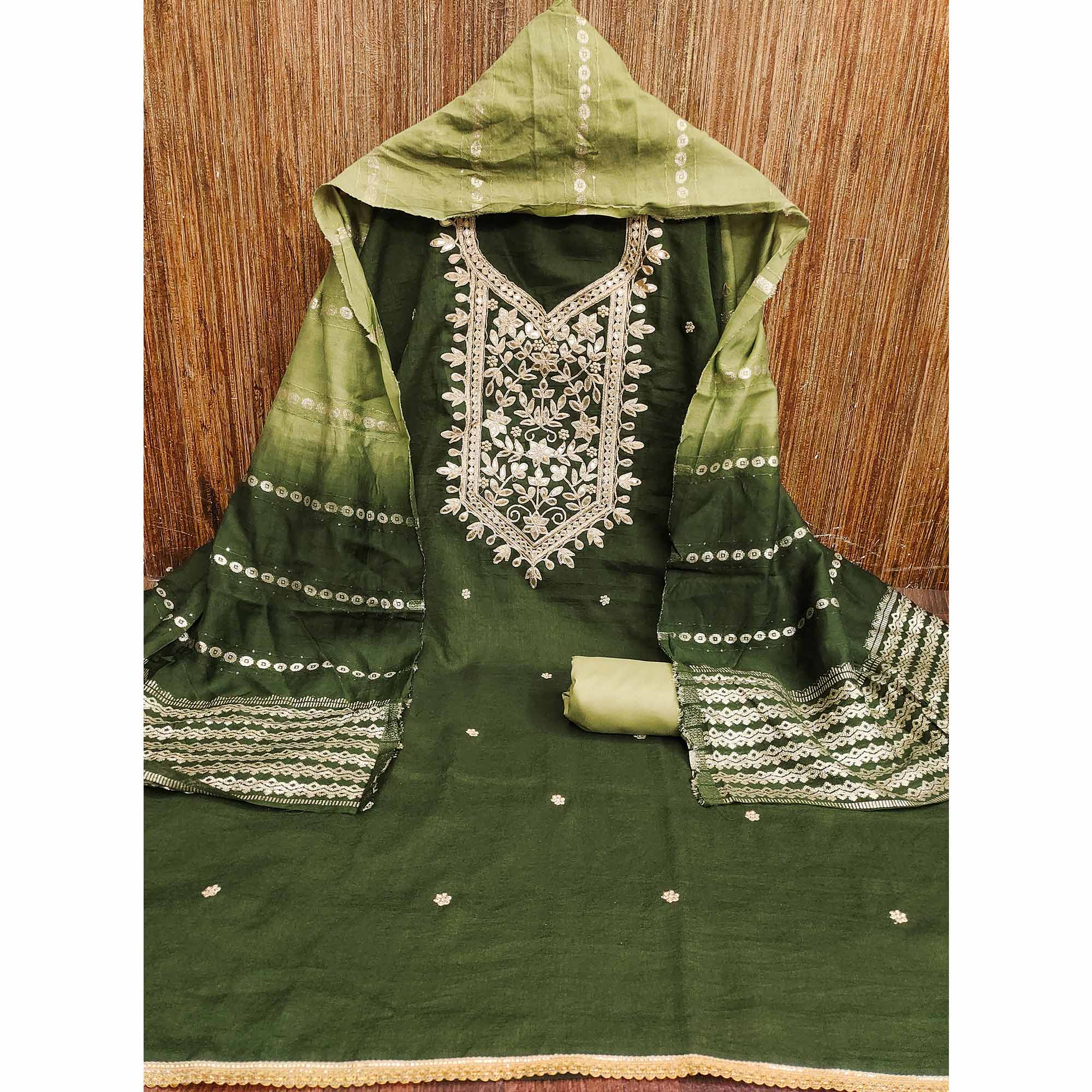 Mehendi Green Vichitra Silk Dress Material With Exquisite Floral Embroidery & Gota Patti Accents