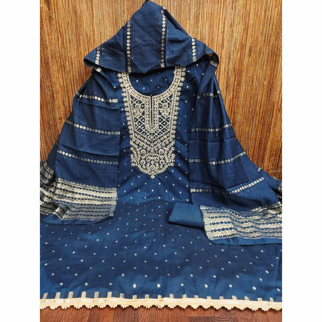 Blue Chanderi Silk Dress Material With Intricate Floral Sequins Embroidery & Butti Work