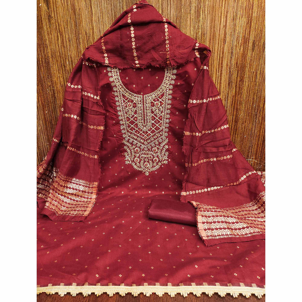 Maroon Chanderi Silk Dress Material With Intricate Floral Sequins Embroidery & Butti Work