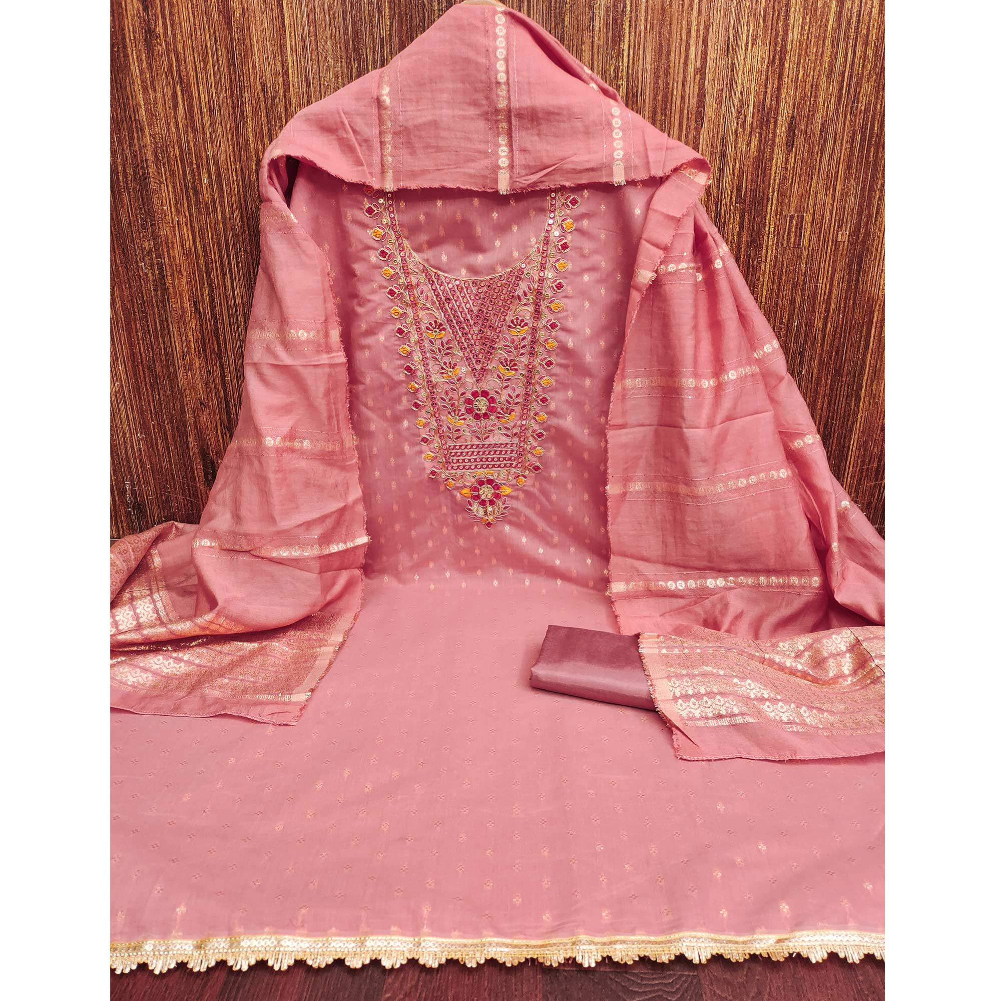 Peach Chanderi Silk Dress Material With Delicate Floral Sequins Embroidery & Butti Work