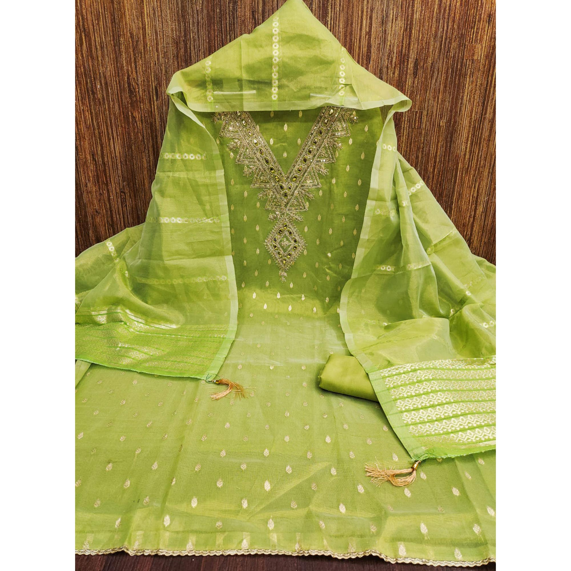 Green Jacquard Dress Material with Zari Weaving and Sequin Accents