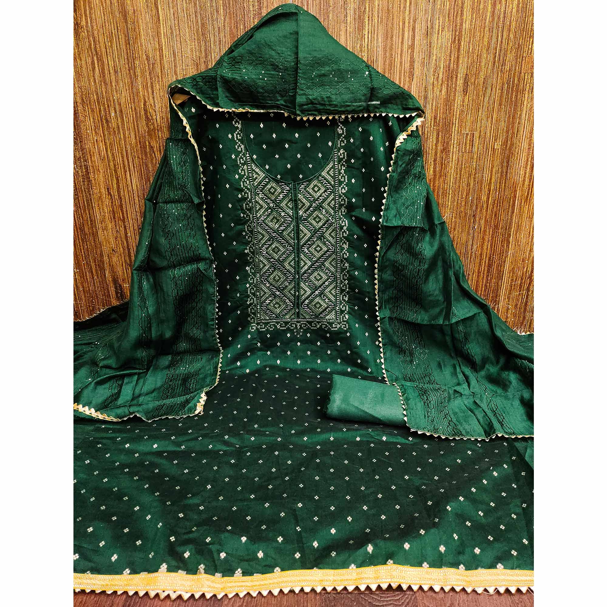 Bottle Green Shimmer Dress Material Featuring Zari Weaving & Beads Work