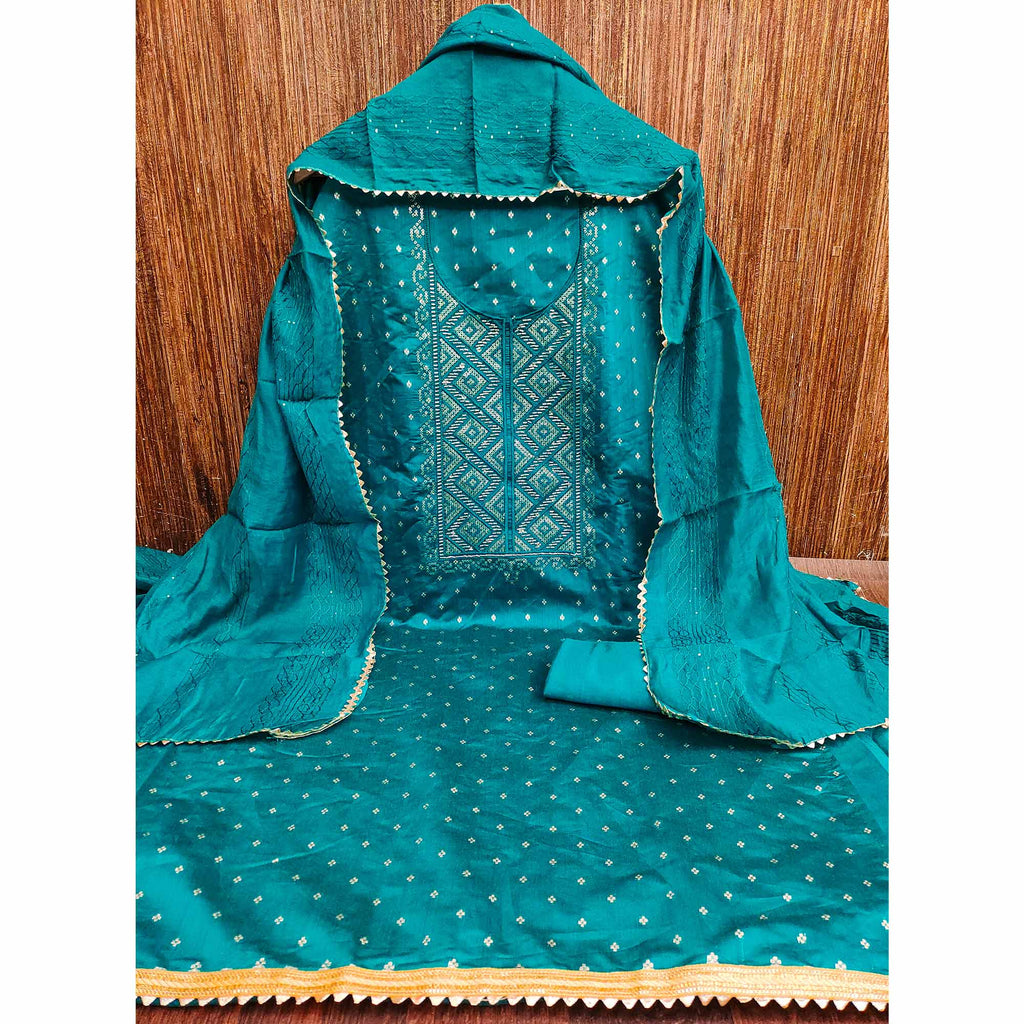 Dark Teal Shimmer Dress Material Featuring Zari Weaving & Beads Work