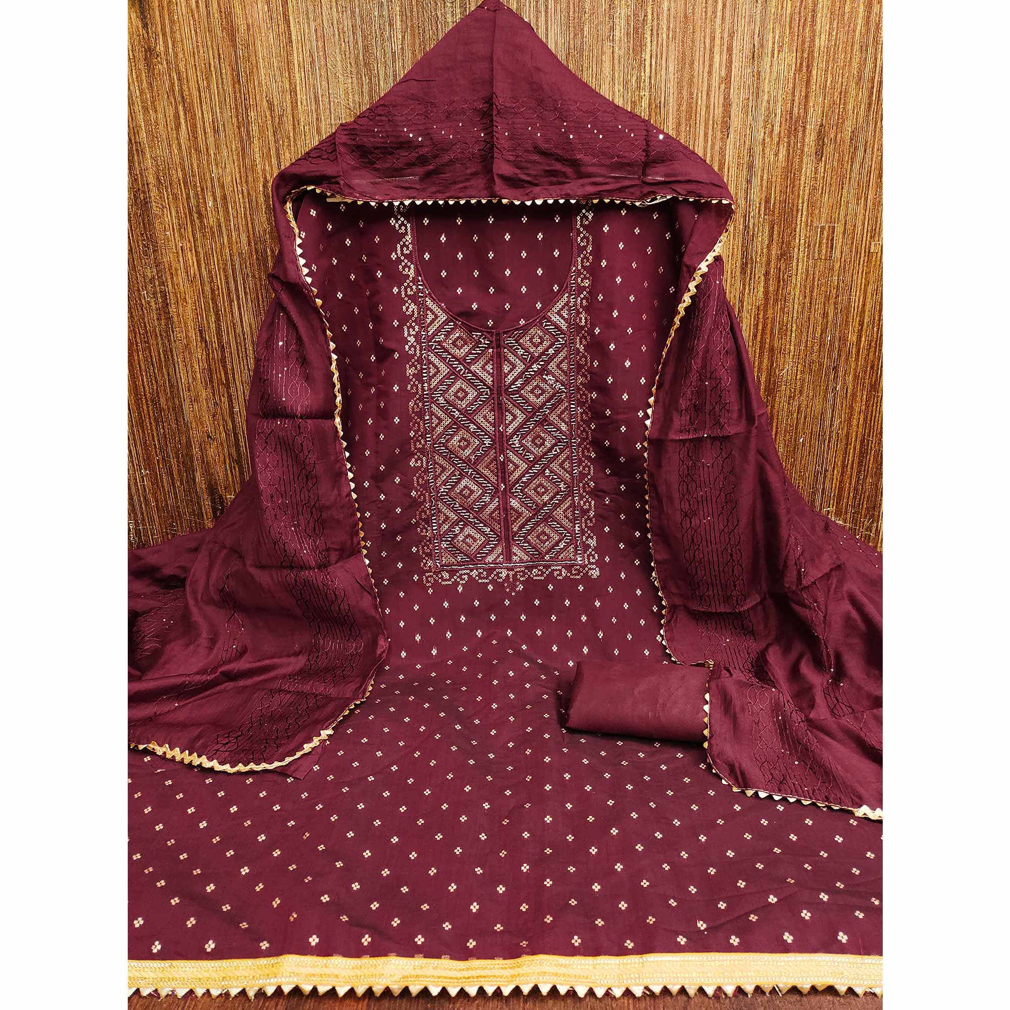 Maroon Shimmer Dress Material Featuring Zari Weaving & Beads Work