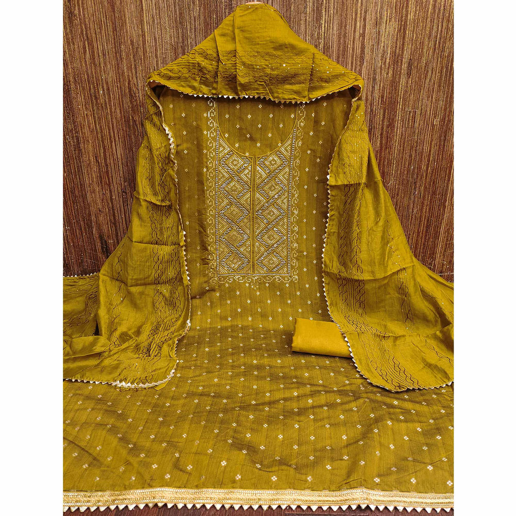 Mustard Shimmer Dress Material Featuring Zari Weaving & Beads Work