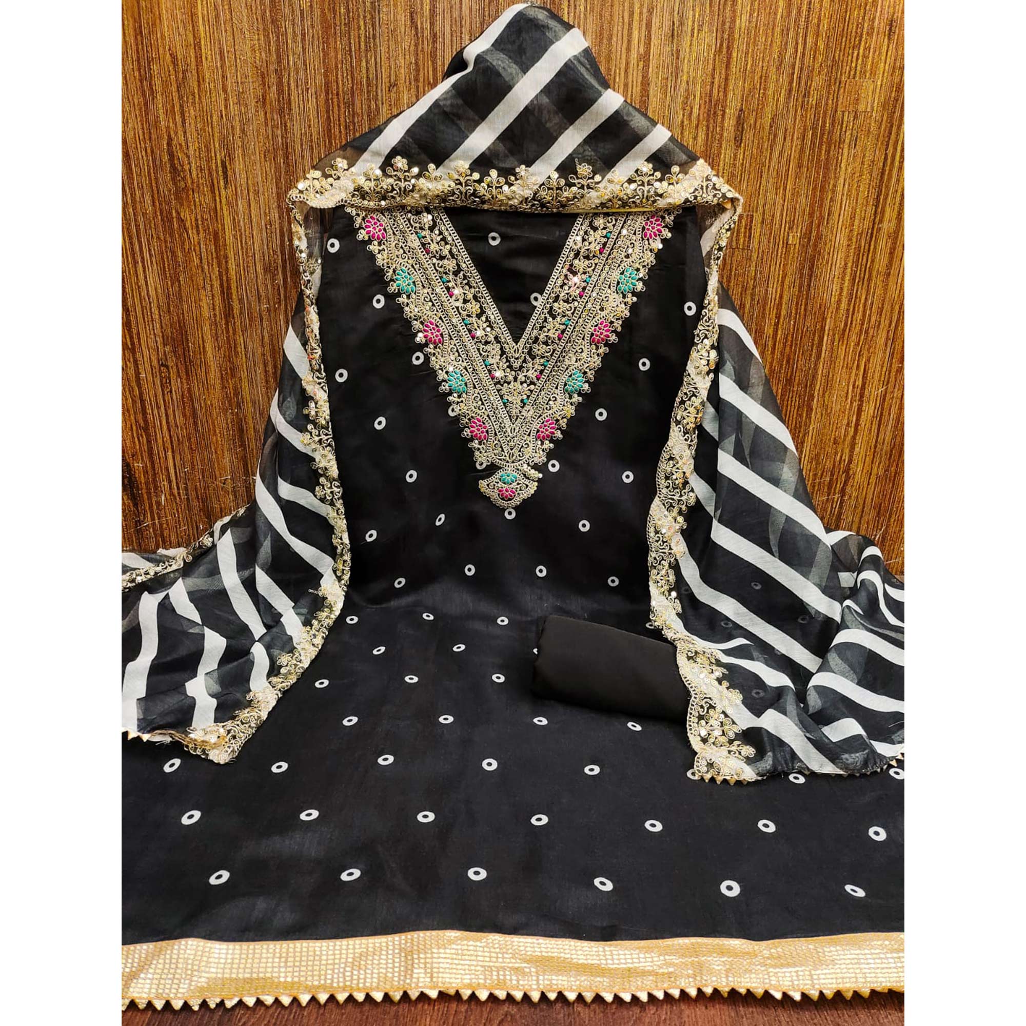 Black Printed Dress Material In Chanderi Silk with Intricate Cording & Sequin Work