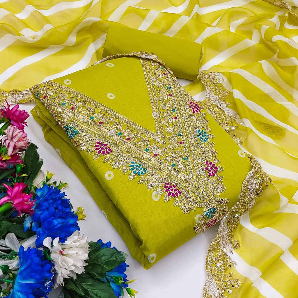 Green Printed Dress Material In Chanderi Silk with Intricate Cording & Sequin Work