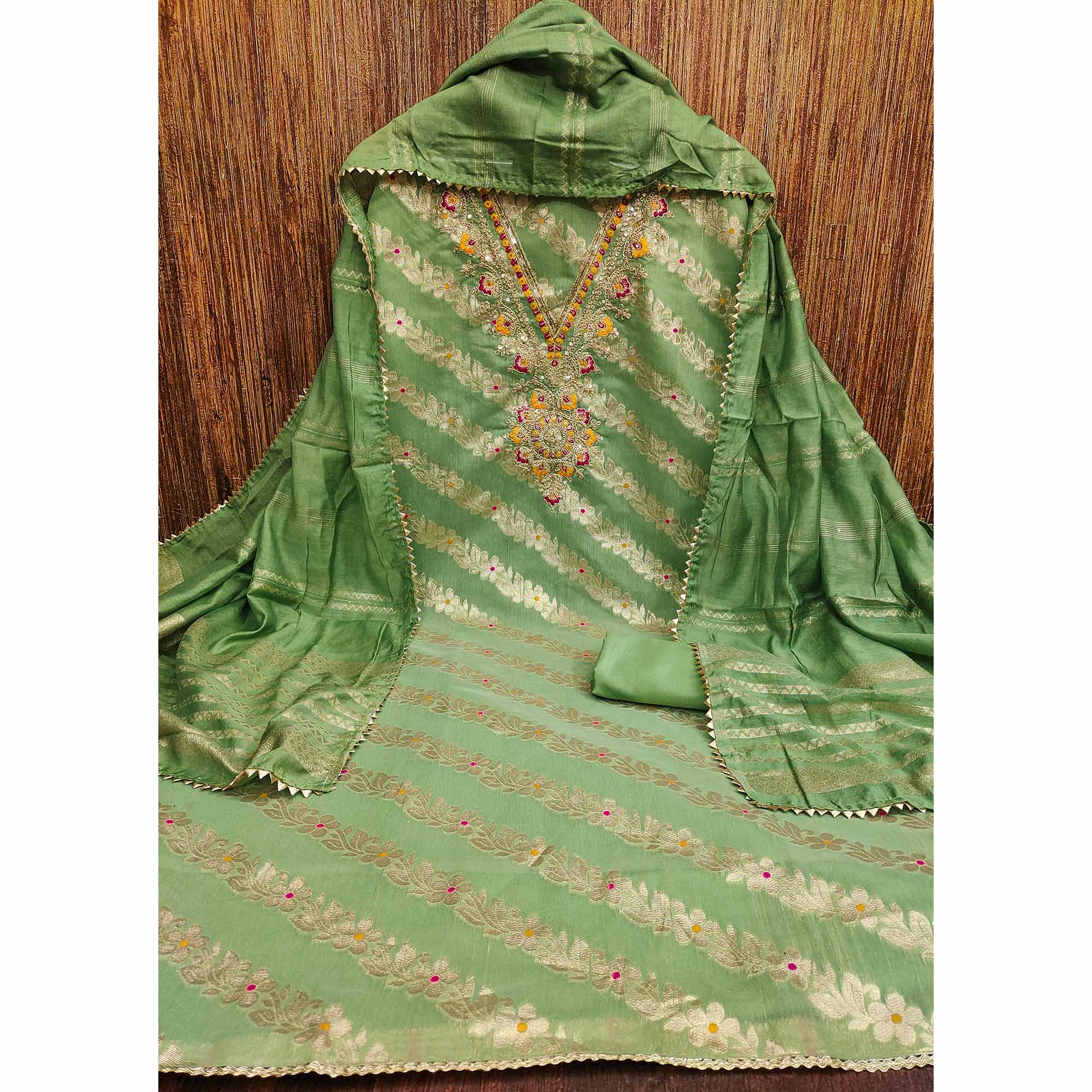 Green Jacquard Dress Material with Shimmering Zari Weave in Traditional Banarasi Style