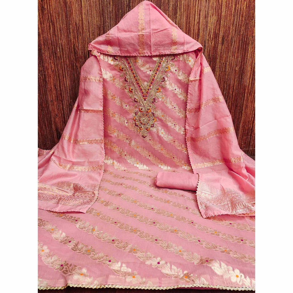 Pink Jacquard Dress Material with Shimmering Zari Weave in Traditional Banarasi Style