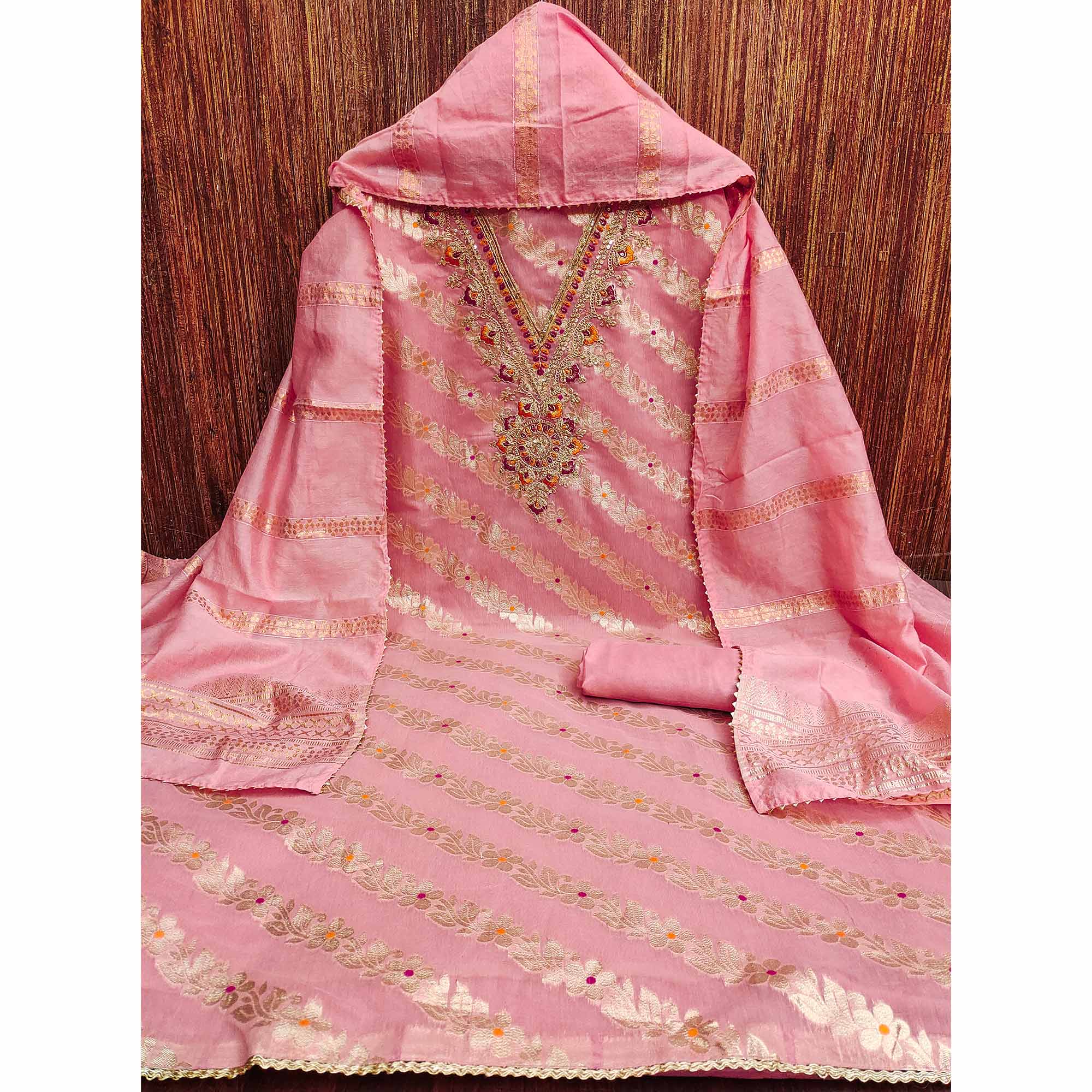 Pink Jacquard Dress Material with Shimmering Zari Weave in Traditional Banarasi Style