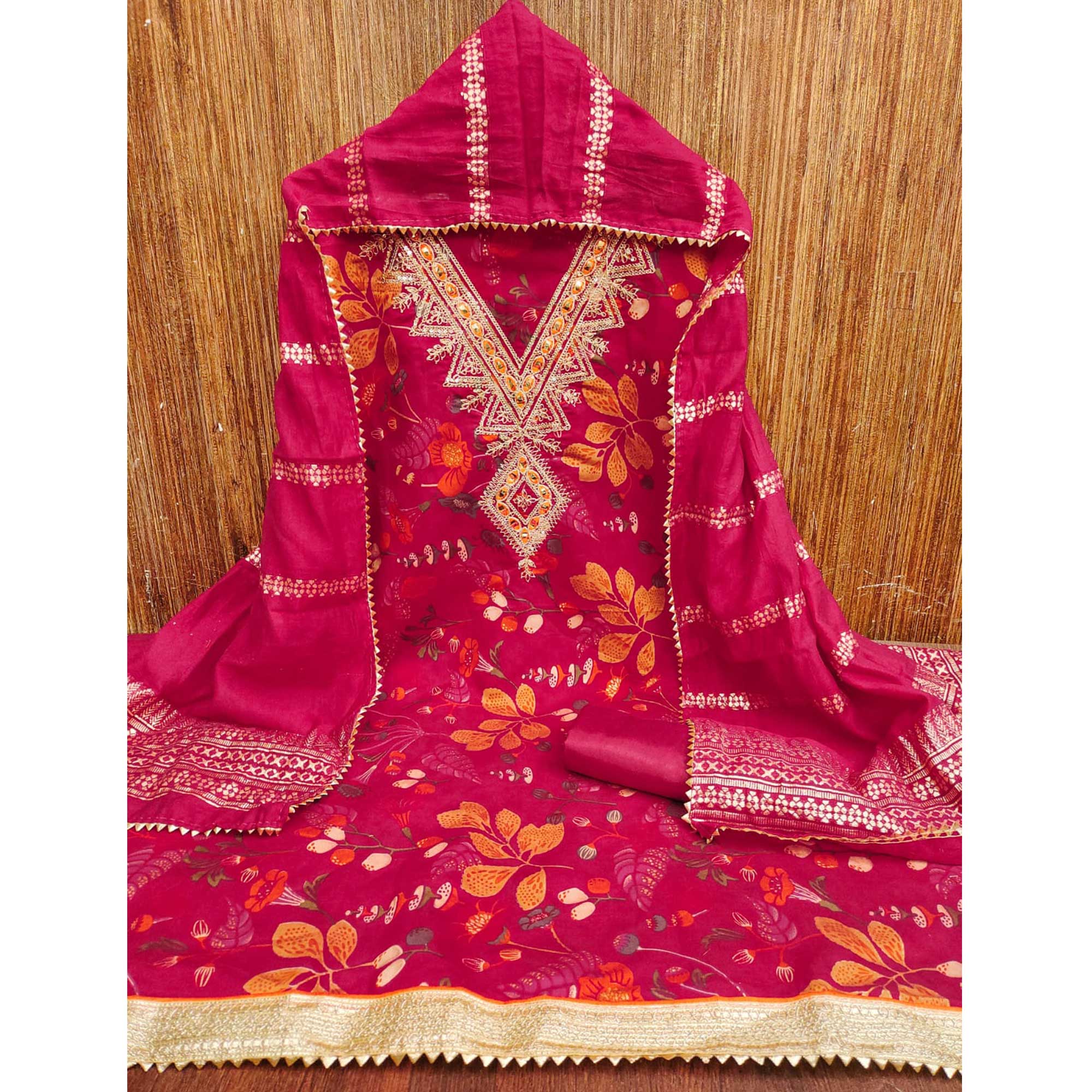 Pink Dress Fabric in Chanderi Silk Blended with Floral Patterns and Delicate Thread Work