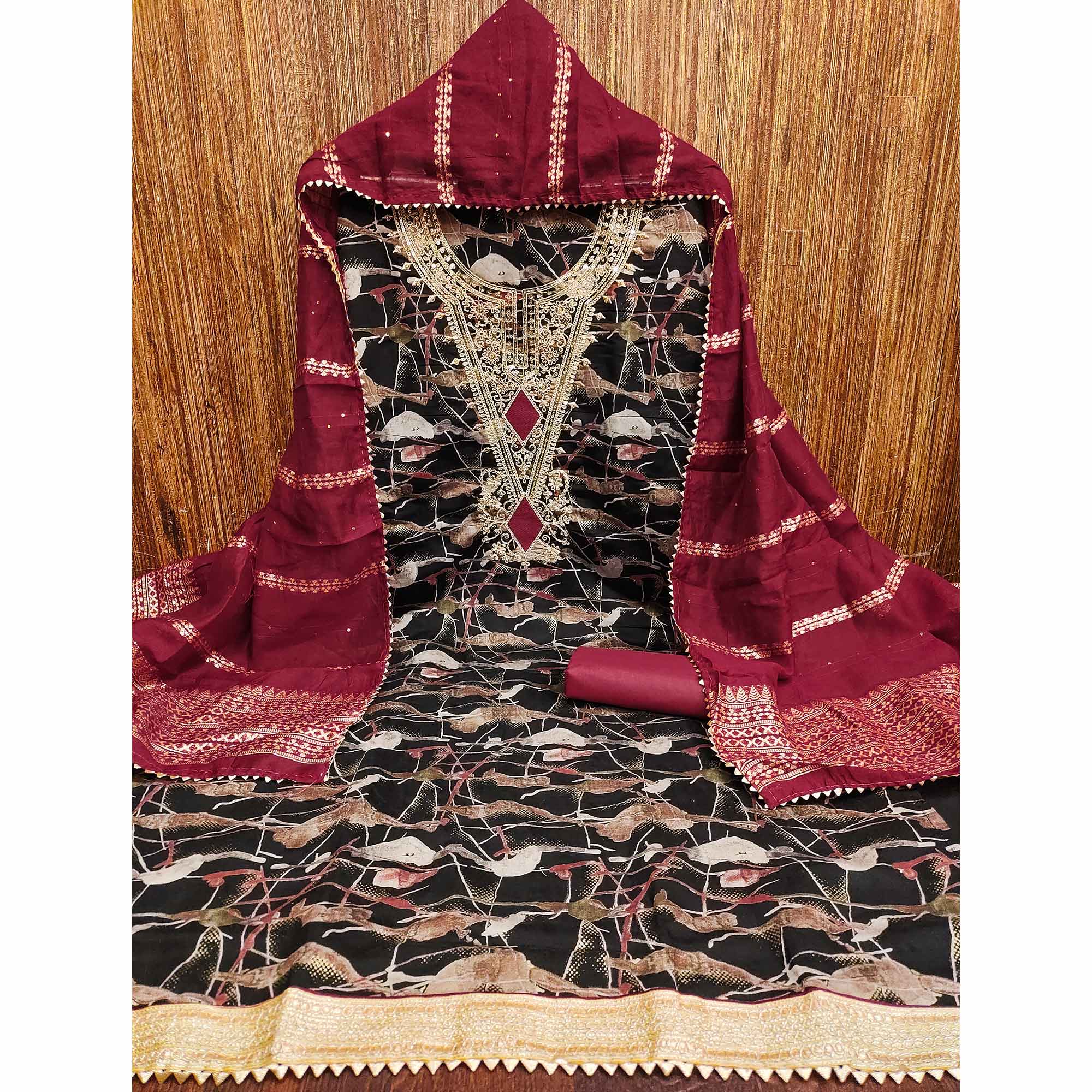Black Printed Dress Material With Sequins & Cording Work In Chanderi Roman Silk