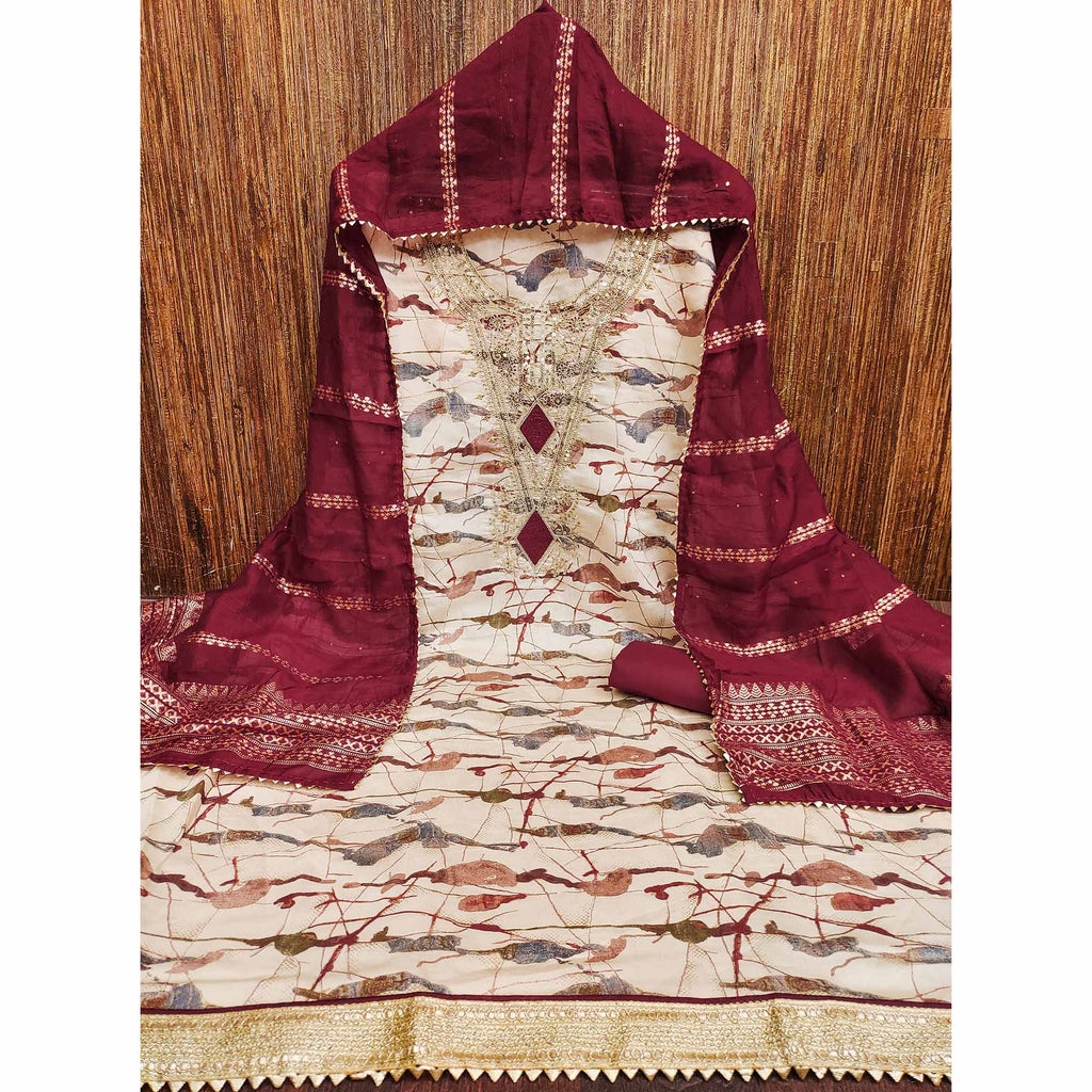 Cream Printed Dress Material With Sequins & Cording Work In Chanderi Roman Silk
