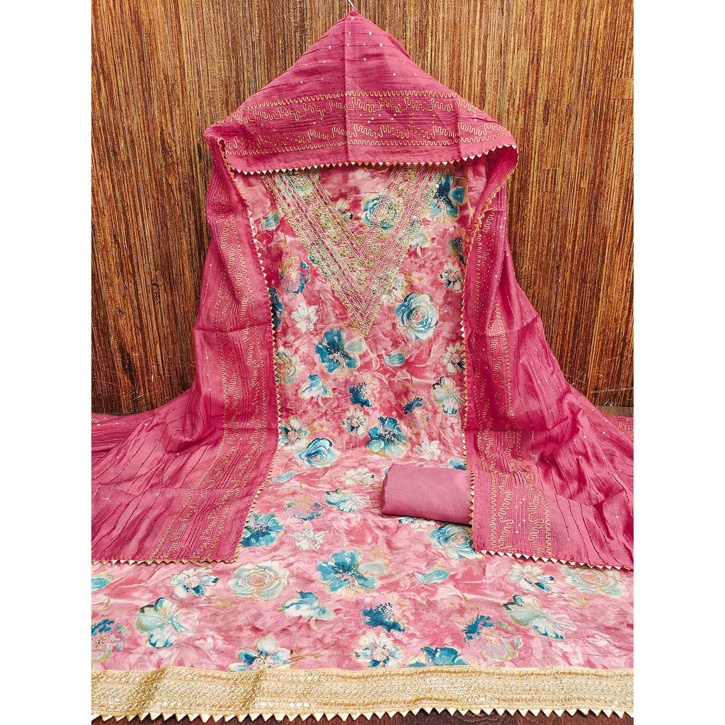 Pink Printed Dress Material With Sequins & Cording Work In Chanderi Roman Silk
