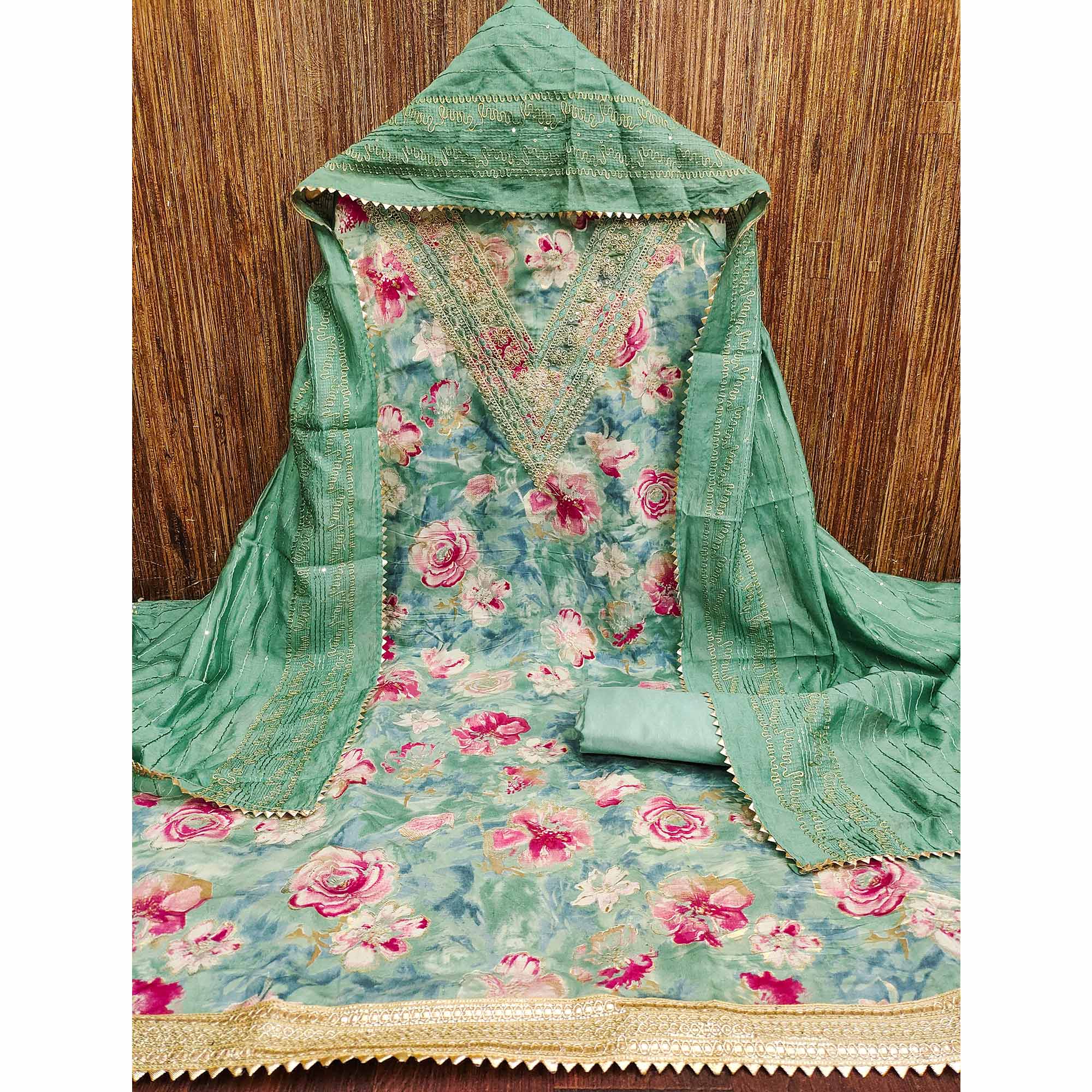 Pista Green Printed Dress Material With Sequins & Cording Work In Chanderi Roman Silk