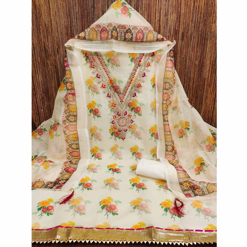 Cream Floral Digital Print Dress Material With Sequins & Cording Embroidery On Chanderi Silk