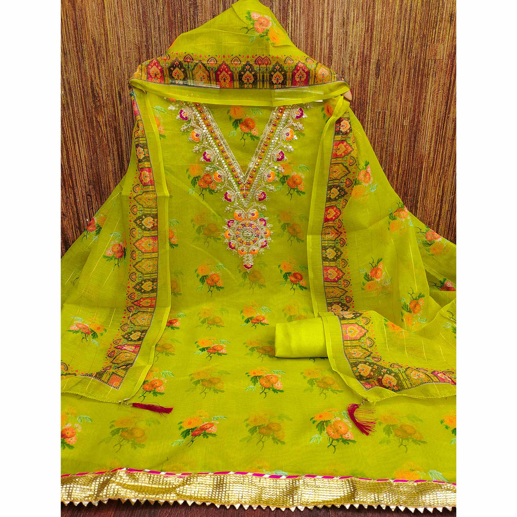 Green Floral Digital Print Dress Material With Sequins & Cording Embroidery On Chanderi Silk