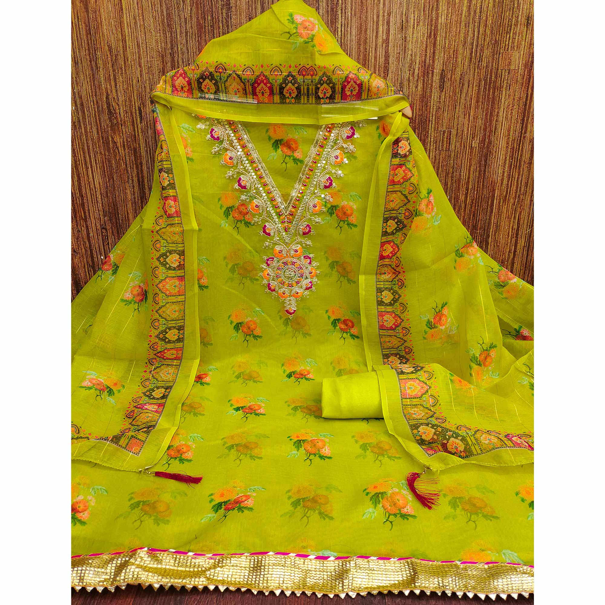 Green Floral Digital Print Dress Material With Sequins & Cording Embroidery On Chanderi Silk