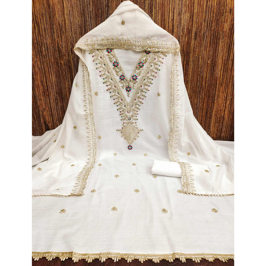 Cream Floral Printed Vichitra Silk Dress Material With Sequins & Cording Work