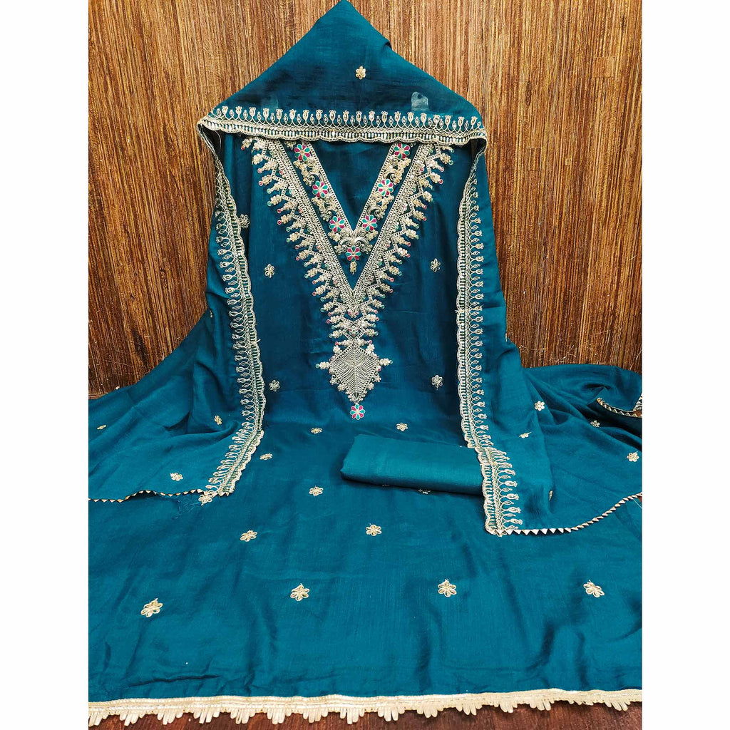 Morpich Blue Floral Printed Vichitra Silk Dress Material With Sequins & Cording Work
