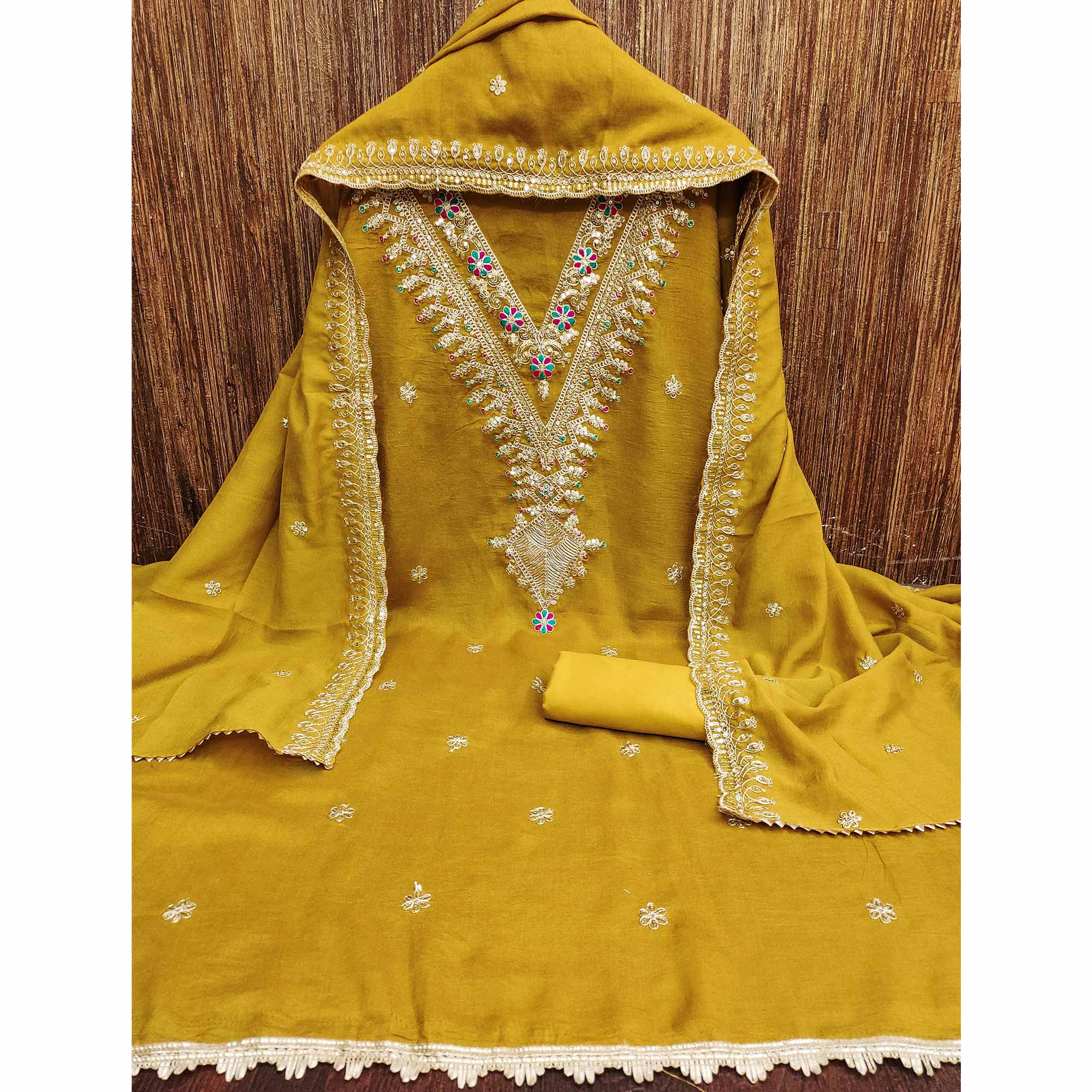 Mustard Floral Printed Vichitra Silk Dress Material With Sequins & Cording Work