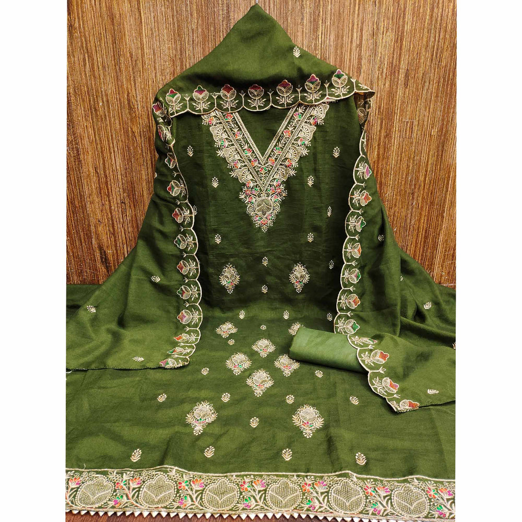 Mehendi Green Floral Vichitra Silk Dress Material With Elegant Zari Embroidery
