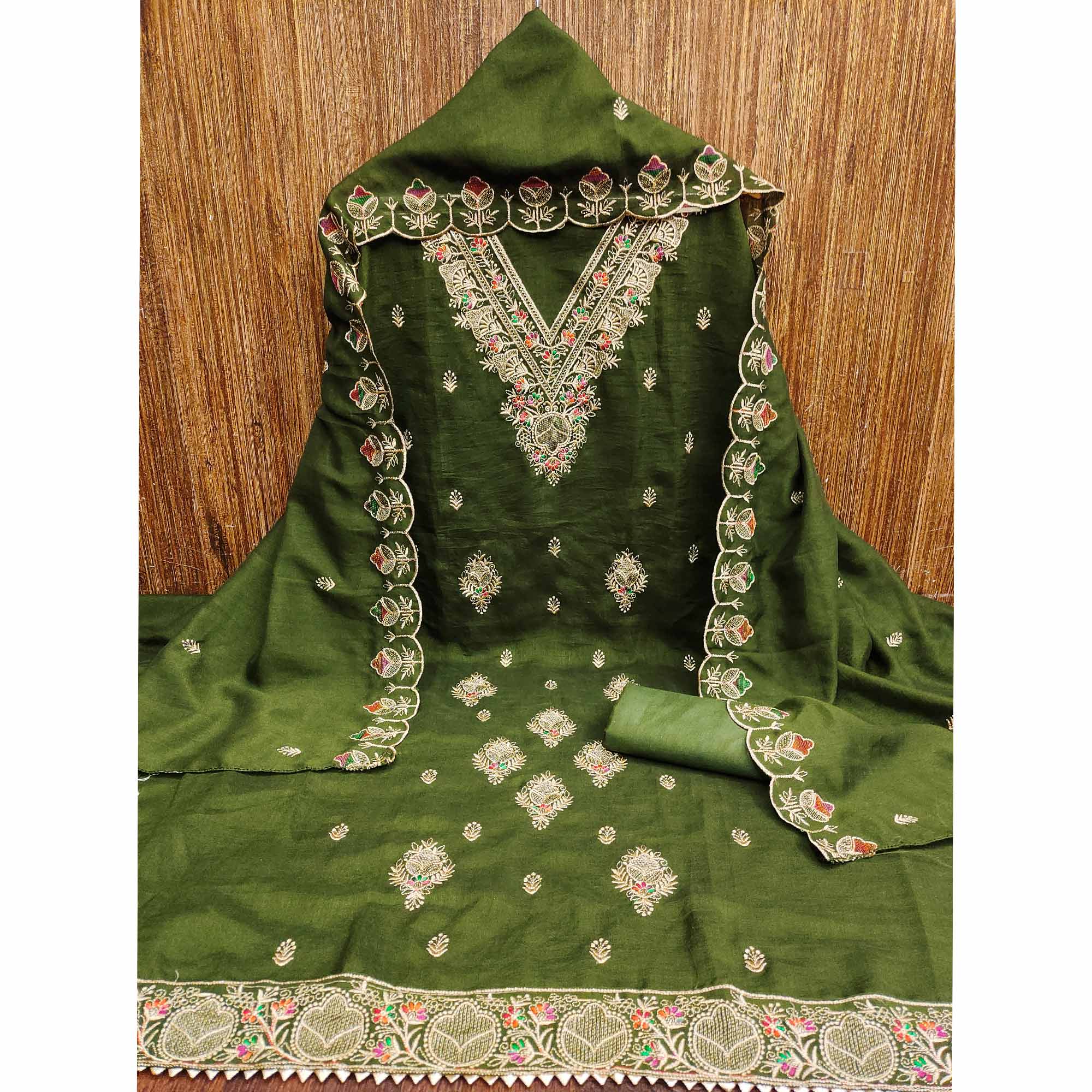 Mehendi Green Floral Vichitra Silk Dress Material With Elegant Zari Embroidery