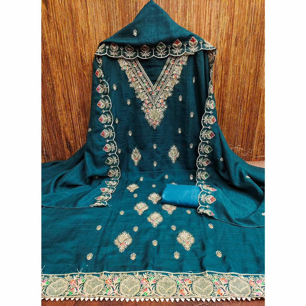 Morpich Blue Floral Vichitra Silk Dress Material With Elegant Zari Embroidery