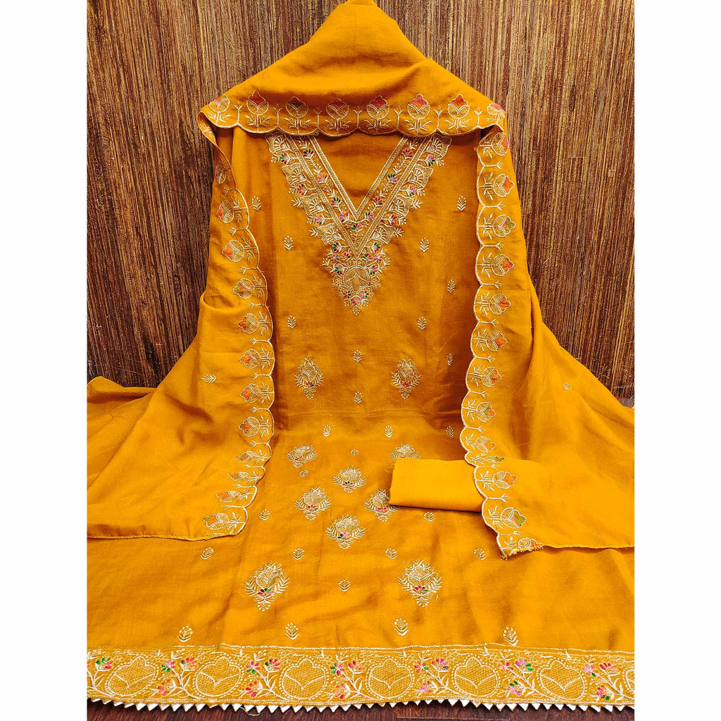 Mustard Floral Vichitra Silk Dress Material With Elegant Zari Embroidery