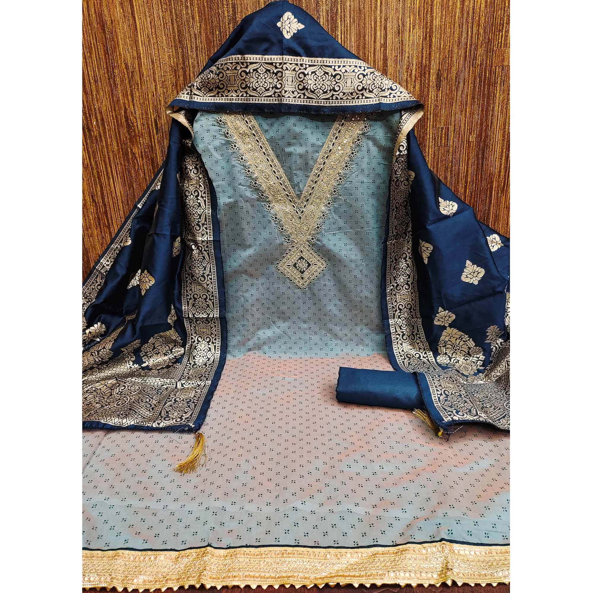 Grey Printed Chanderi Silk Dress Material With Cording Sequins Embroidery On Neck