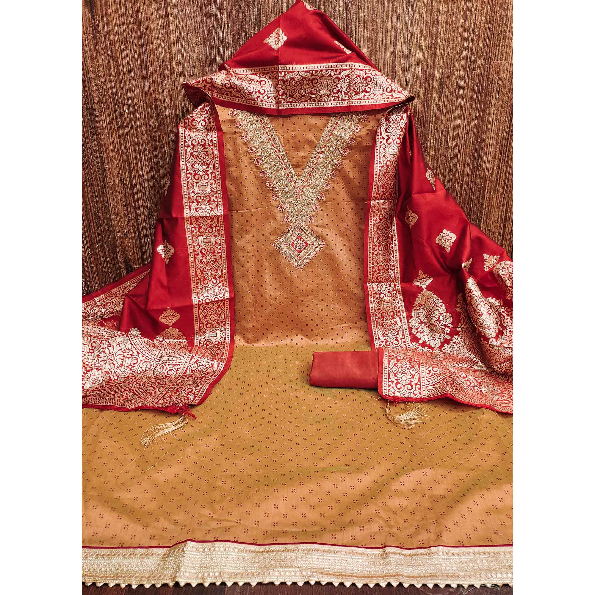 Orange Printed Chanderi Silk Dress Material With Cording Sequins Embroidery On Neck