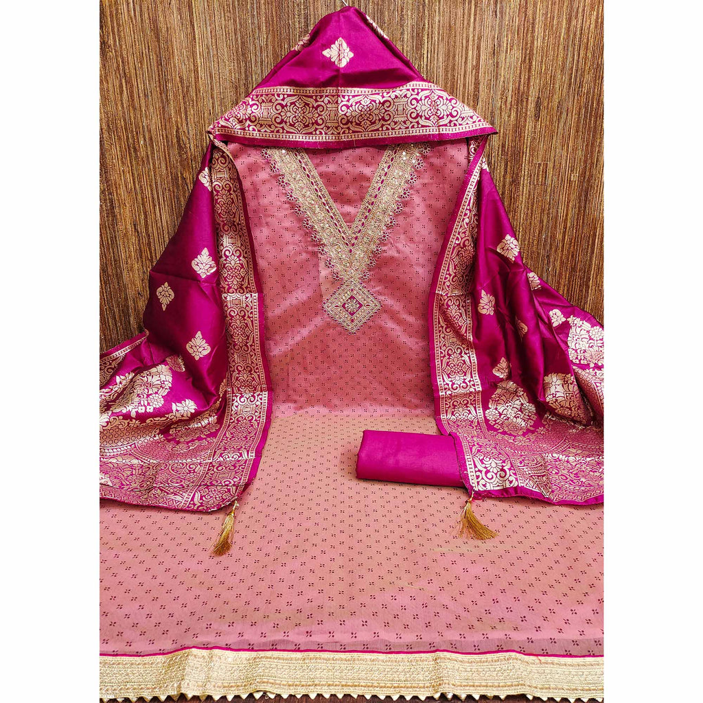 Pink Printed Chanderi Silk Dress Material With Cording Sequins Embroidery On Neck