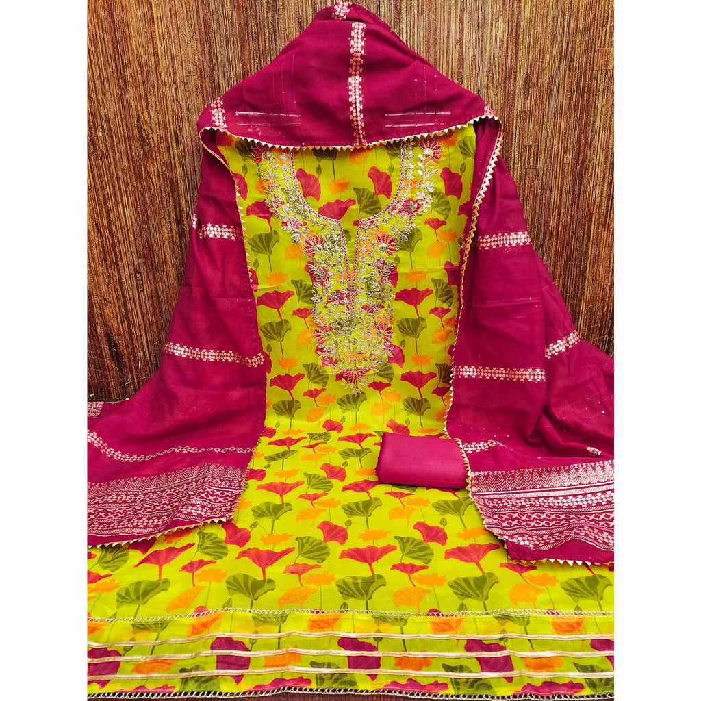 Green Floral Printed With Sequins & Cording Embroidery Chanderi Silk Dress Material