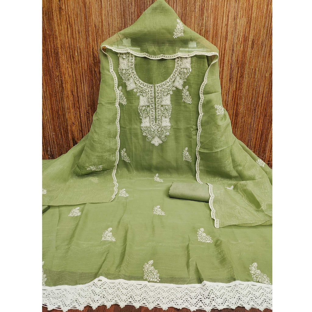 Green Georgette Crunchy Silk Dress Material with Elegant Floral Thread Embroidery & Sequins Work